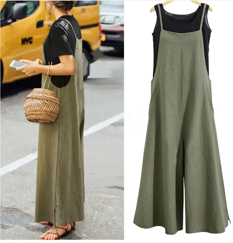 Women's Purple Loose Wide Leg Pants Cotton Casual Jumpsuit - Image 15