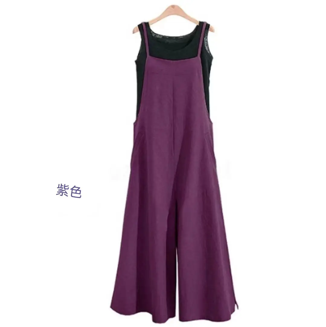 Women's Purple Loose Wide Leg Pants Cotton Casual Jumpsuit - Image 13