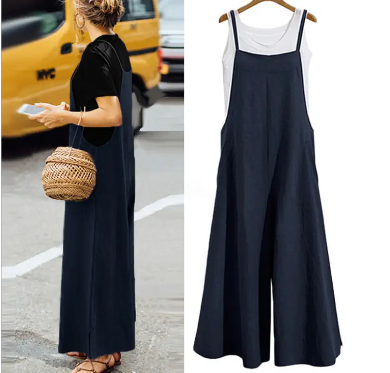 Women's Purple Loose Wide Leg Pants Cotton Casual Jumpsuit - Image 6