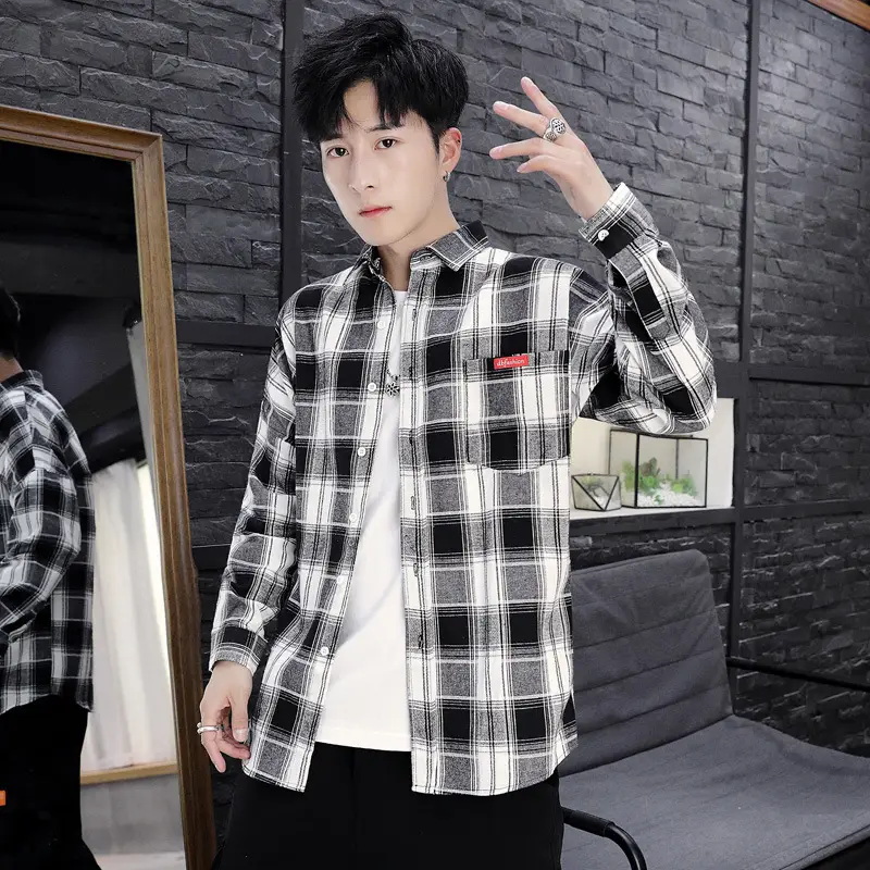 Men's Plaid Long Sleeve Shirt Black White Slim Fit - Image 4