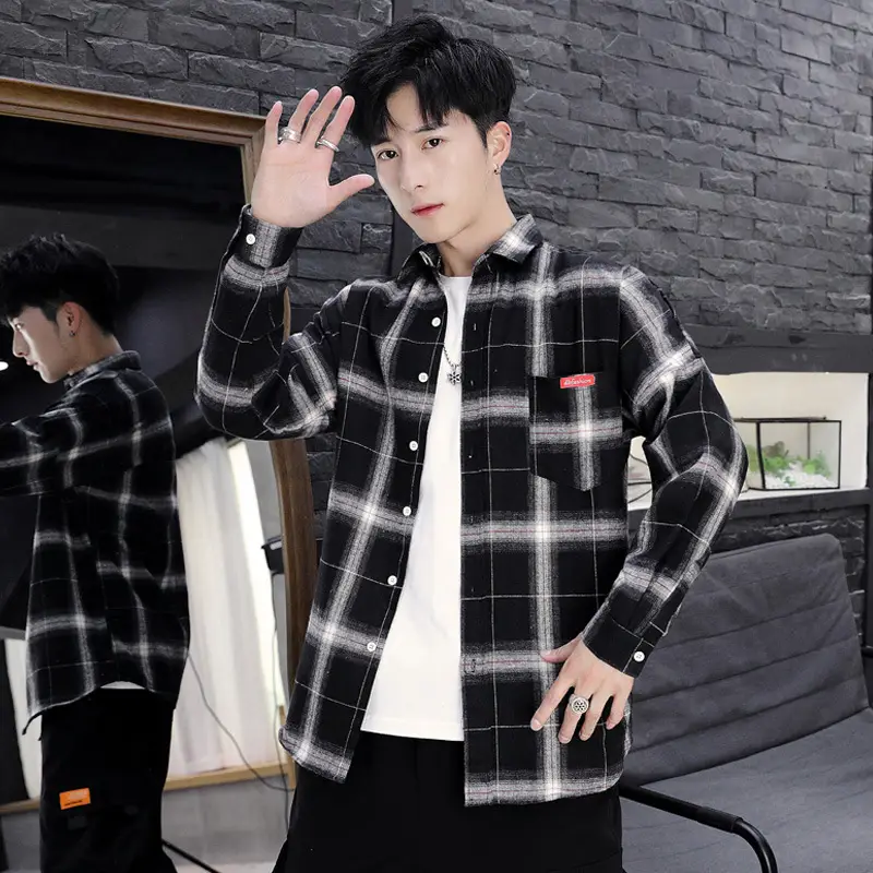Men's Plaid Long Sleeve Shirt Black White Slim Fit - Image 7