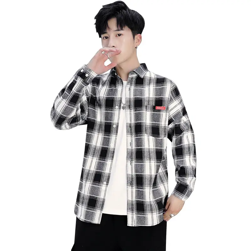 Men's Plaid Long Sleeve Shirt Black White Slim Fit - Image 8