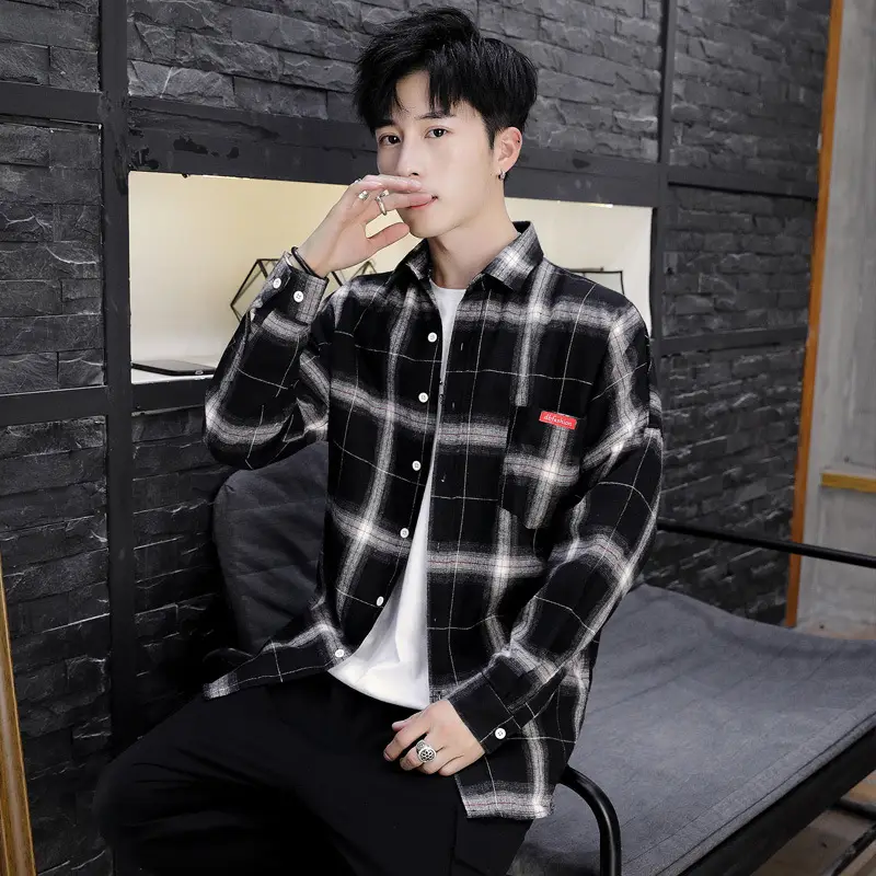Men's Plaid Long Sleeve Shirt Black White Slim Fit - Image 2