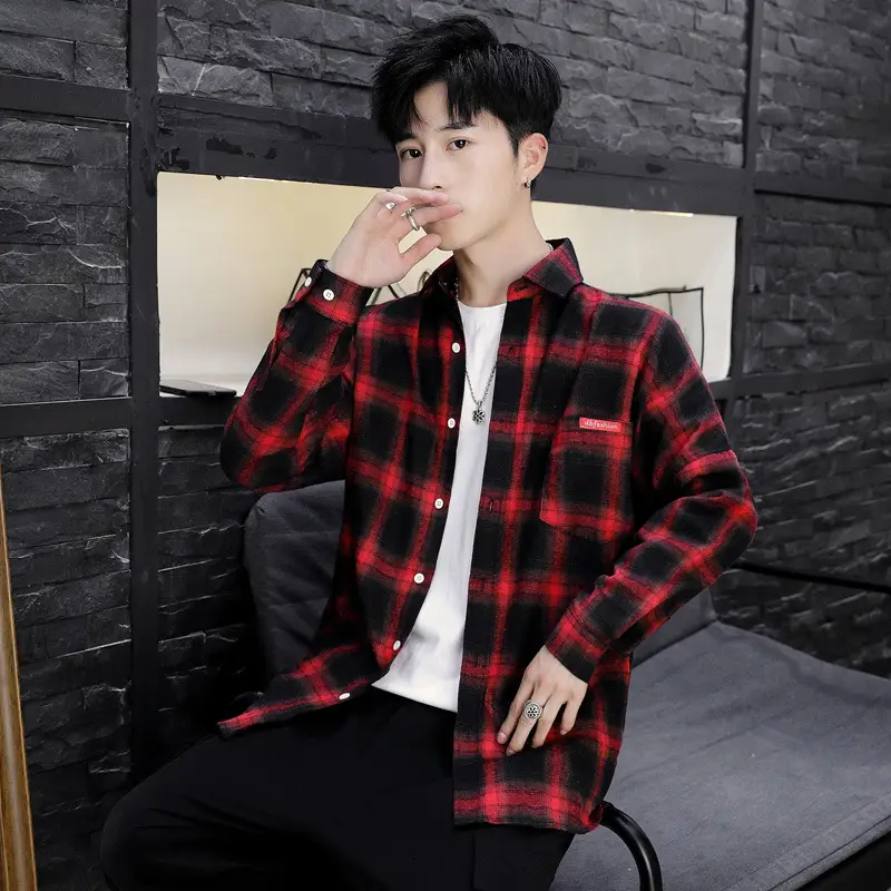 Men's Plaid Long Sleeve Shirt Black White Slim Fit - Image 3