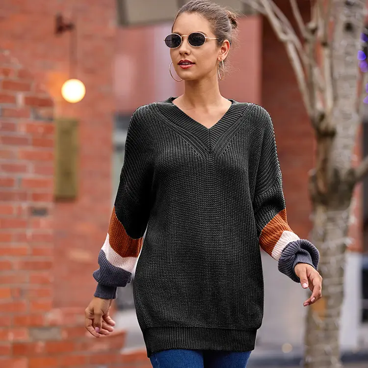 Women V-Neck Knit Sweater Black with Lantern Sleeves