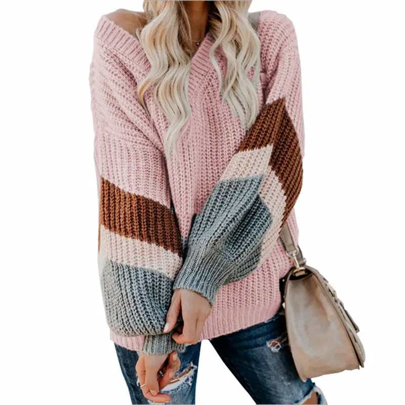 Women V-Neck Knit Sweater Black with Lantern Sleeves