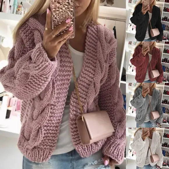 Women V-Neck Knit Sweater Black with Lantern Sleeves — feature 15