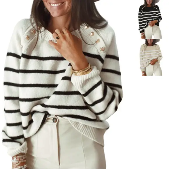 Women V-Neck Knit Sweater Black with Lantern Sleeves — feature 29