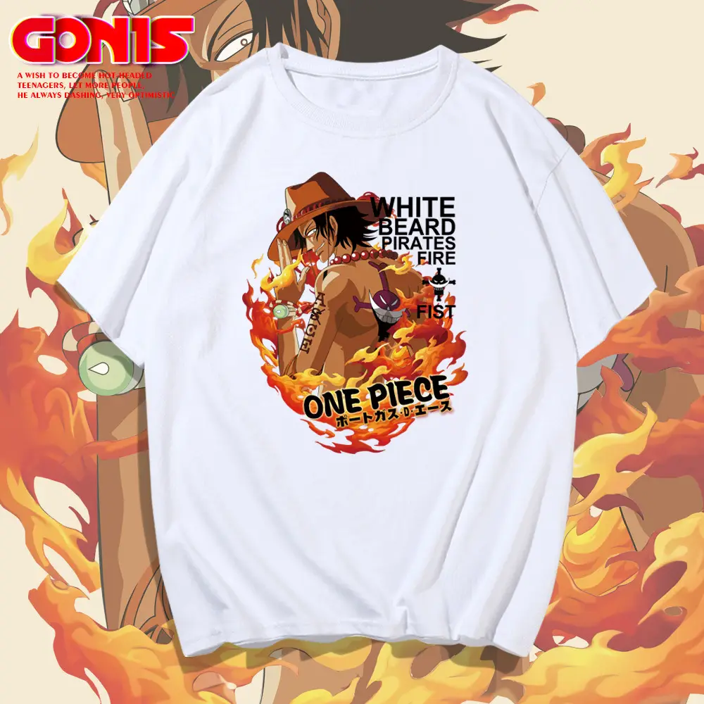 Men One Piece Cartoon Ace Flame Print T-Shirt White