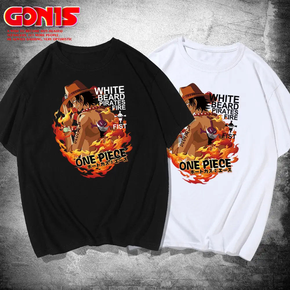 Men One Piece Cartoon Ace Flame Print T-Shirt White