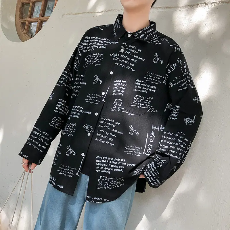 Men's Black Printed Long Sleeve Shirt with Hip-Hop Design - Image 7