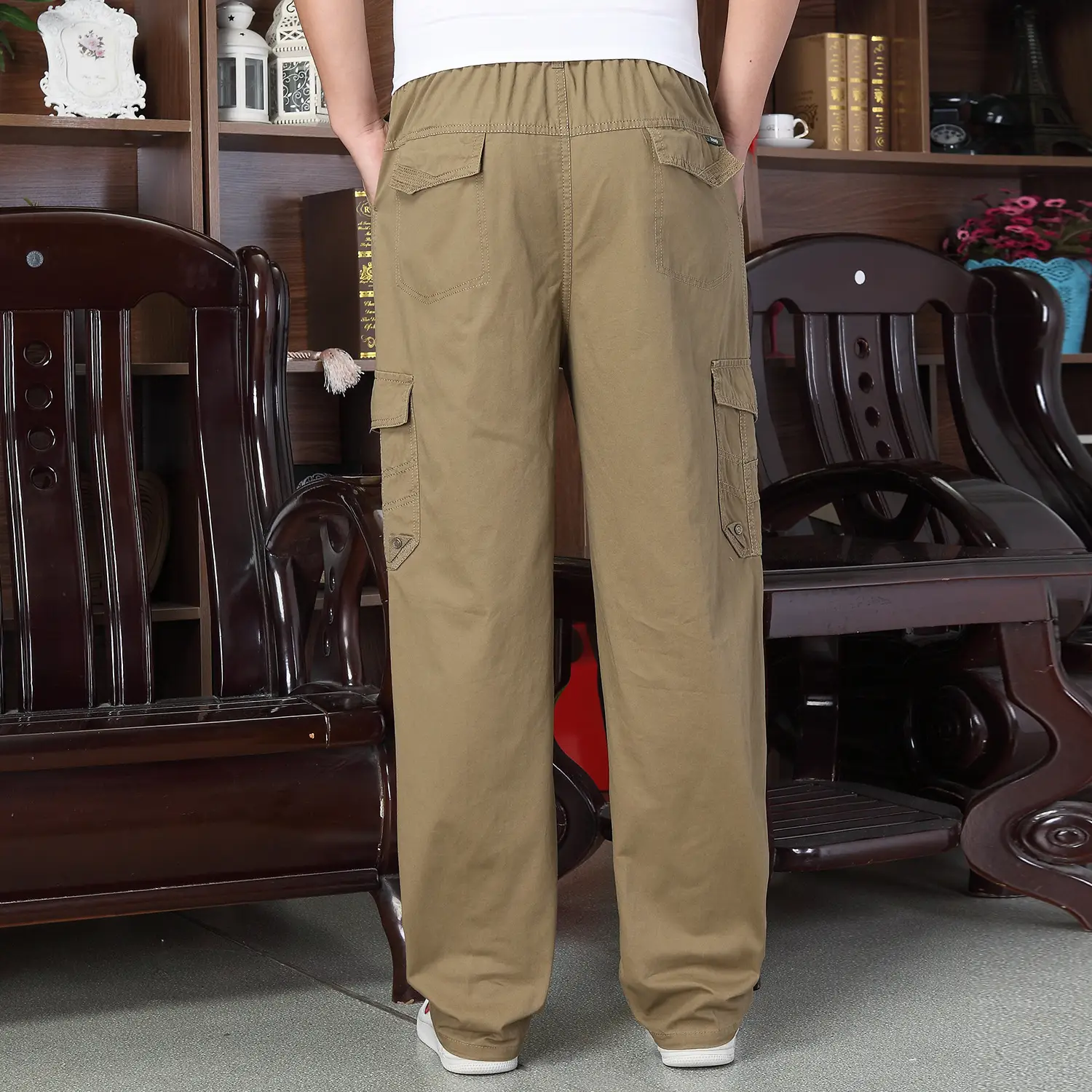 Men Korean Style Loose Cotton Pants Grey Multi-Pocket - Image 5