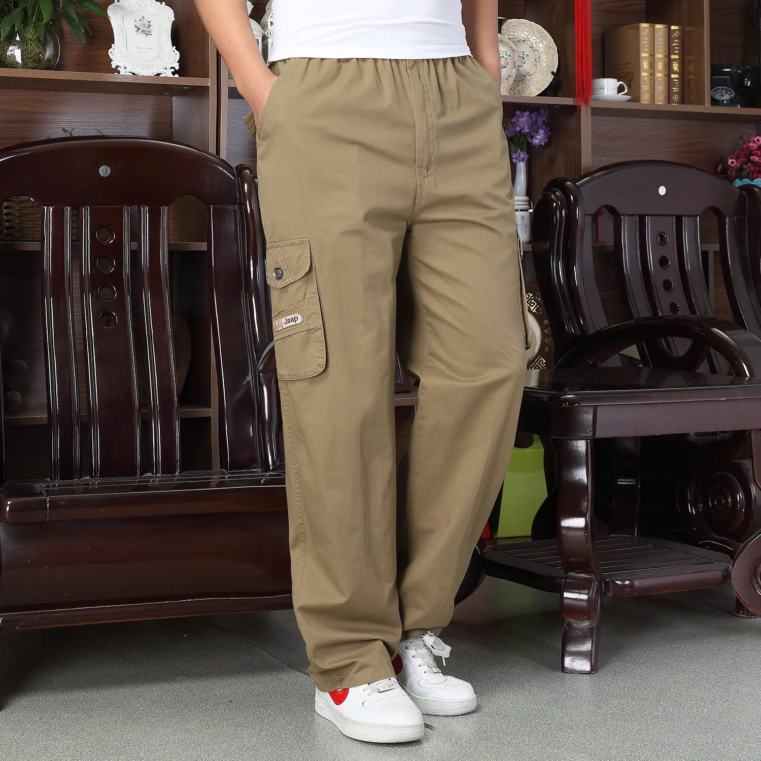 Men Korean Style Loose Cotton Pants Grey Multi-Pocket - Image 6