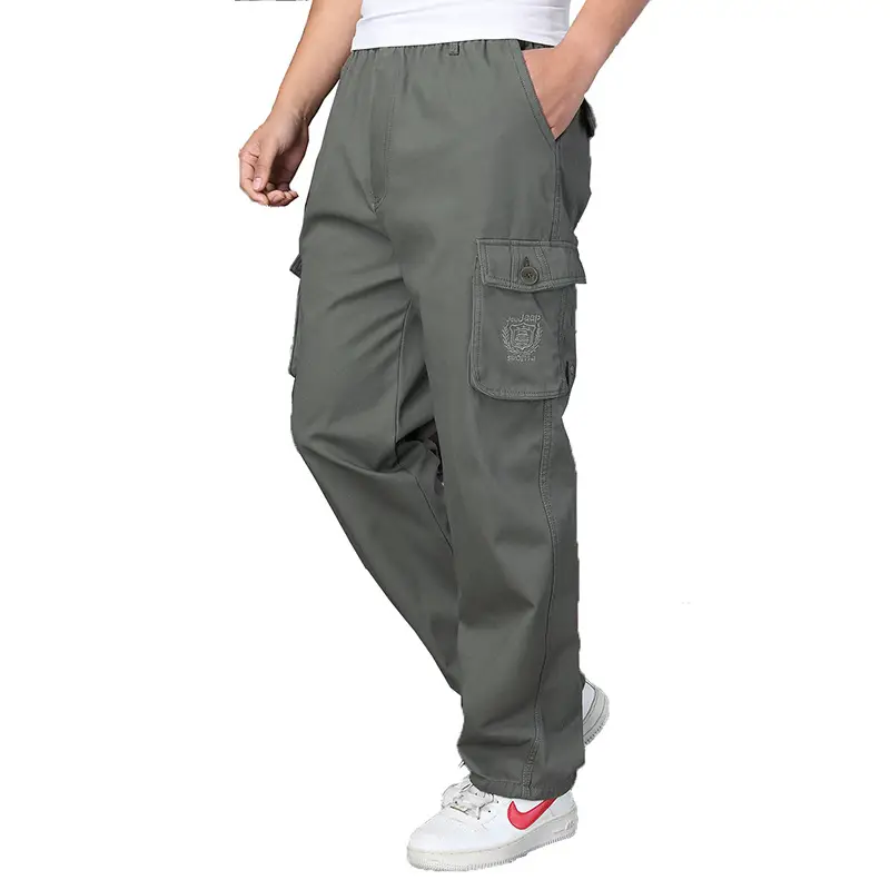 Men Korean Style Loose Cotton Pants Grey Multi-Pocket - Image 8