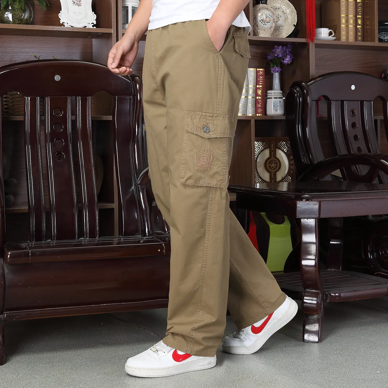 Men Korean Style Loose Cotton Pants Grey Multi-Pocket - Image 2