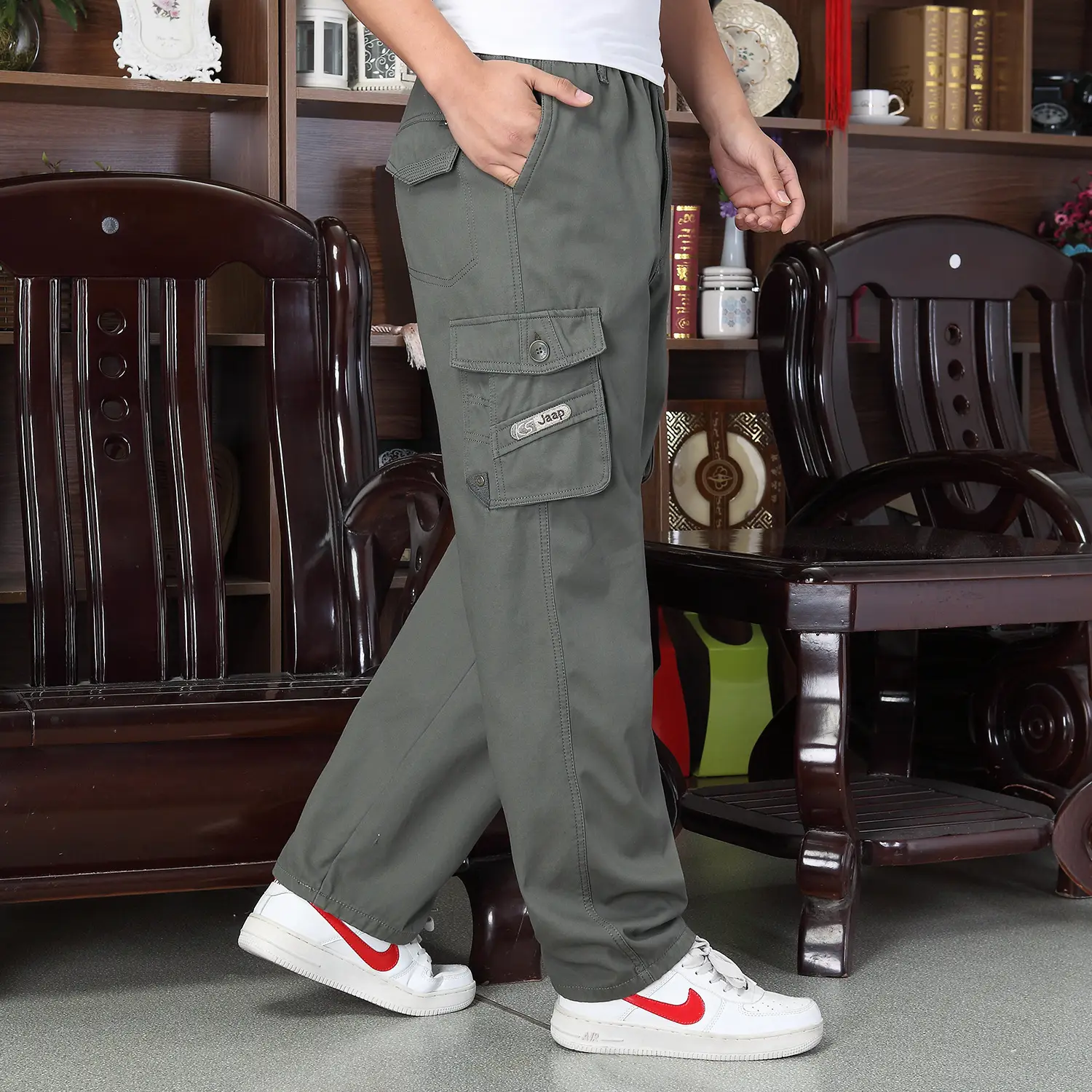 Men Korean Style Loose Cotton Pants Grey Multi-Pocket - Image 3