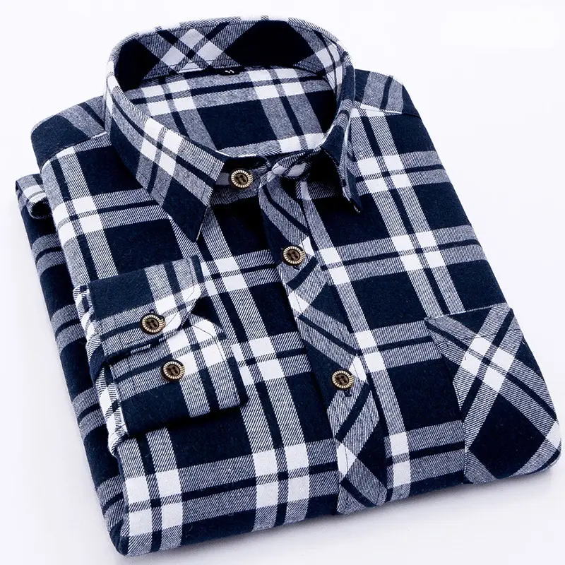 Plus-Size Men Plaid Button Shirt Navy Blue