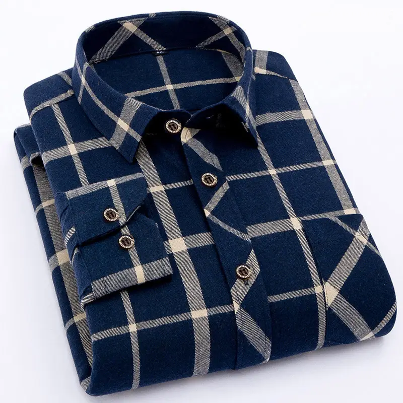 Plus-Size Men Plaid Button Shirt Navy Blue