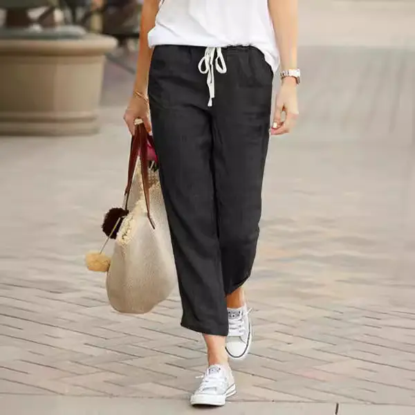 2023 Cotton Linen Drawstring Pants Blue White - Image 7