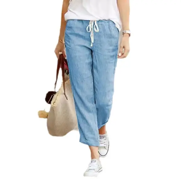 2023 Cotton Linen Drawstring Pants Blue White - Image 8