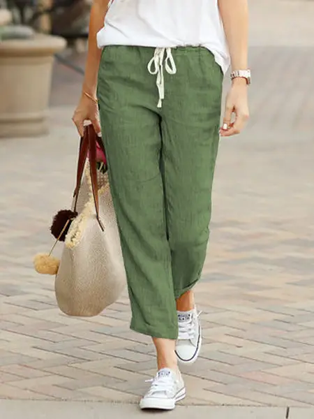 2023 Cotton Linen Drawstring Pants Blue White - Image 2