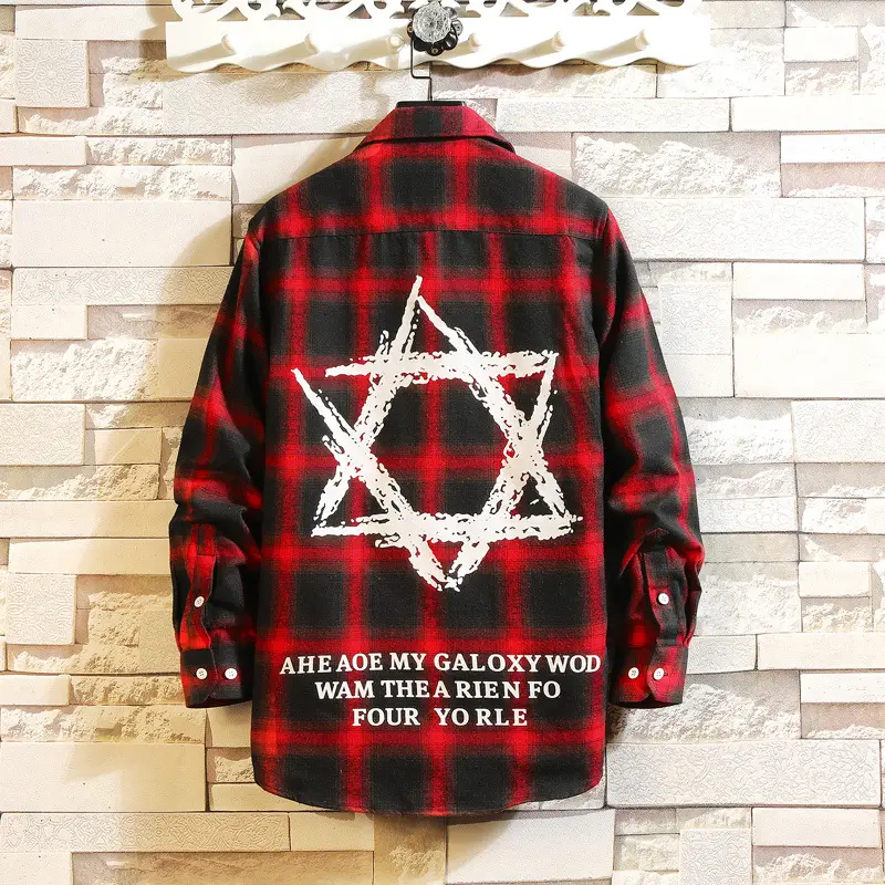 Men's Black Plaid Star Shirt Long Sleeve Spring 2021