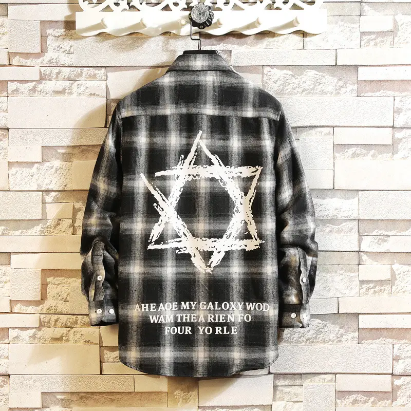 Men's Black Plaid Star Shirt Long Sleeve Spring 2021