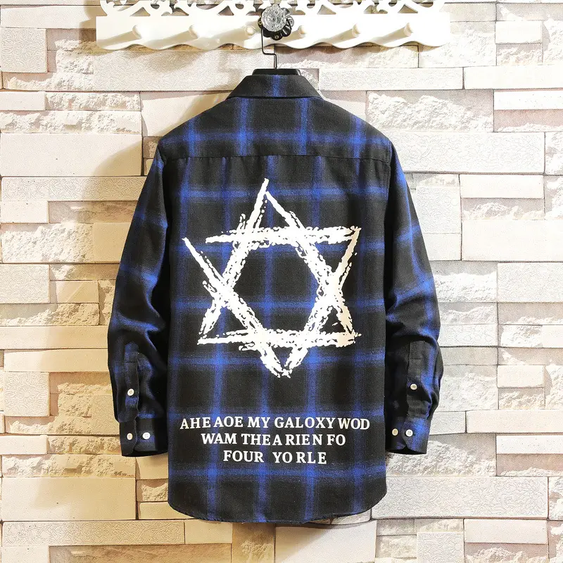 Men's Black Plaid Star Shirt Long Sleeve Spring 2021