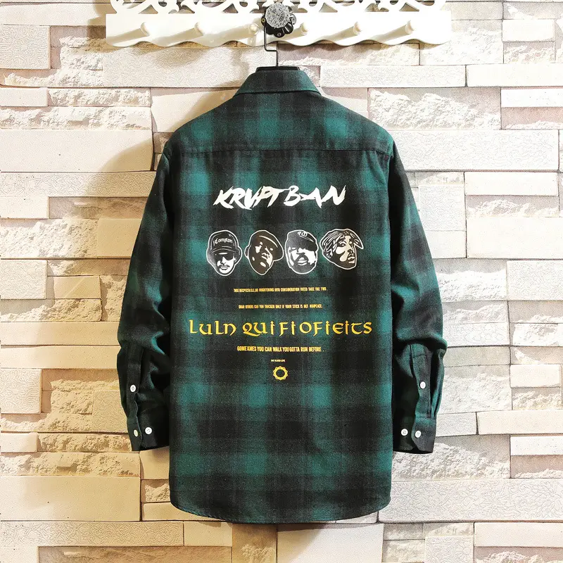 Men's Green Plaid Graphic Long Sleeve Shirt
