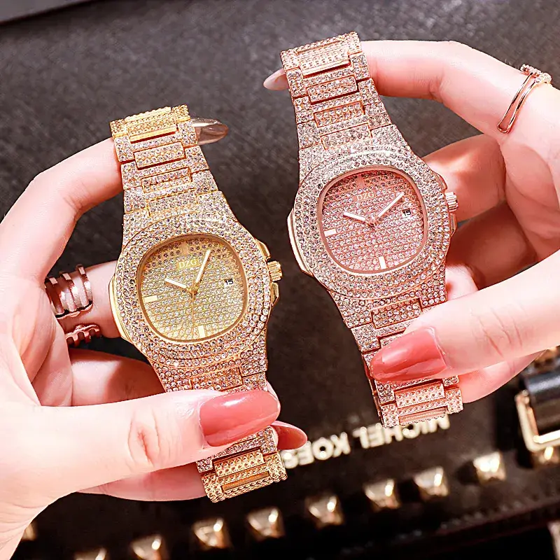 Women's Diamond Encrusted Golden Watch with Rhinestone Calendar - Image 4