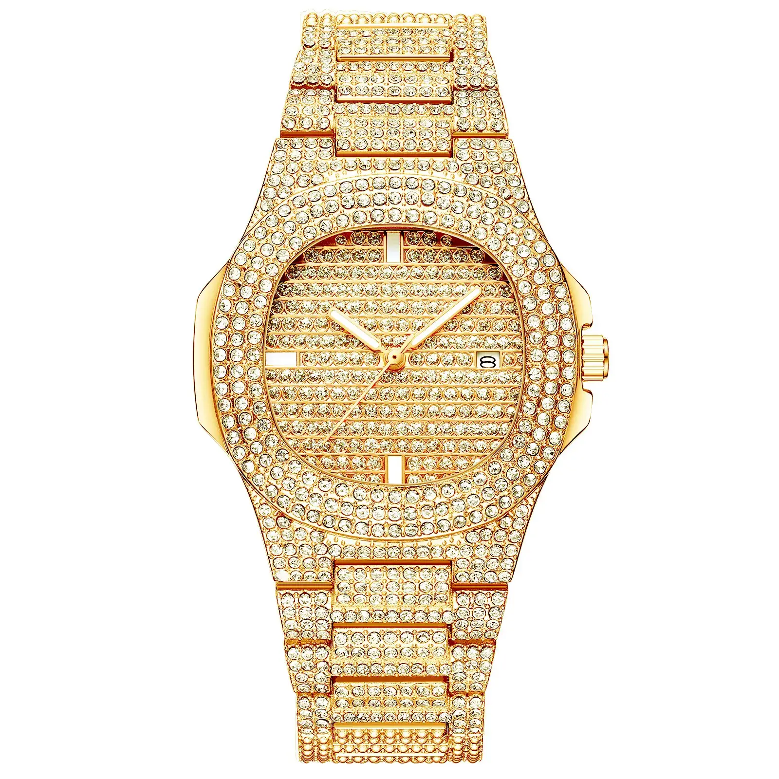 Women's Diamond Encrusted Golden Watch with Rhinestone Calendar - Image 2