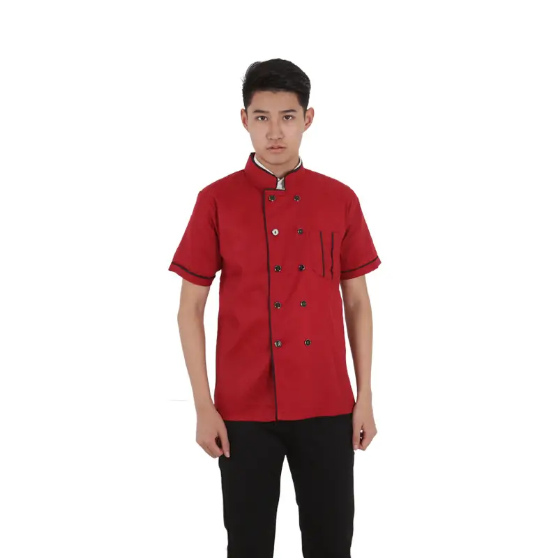 Factory Wholesale Chef Work Clothes Short Sleeve Red Black - Image 4