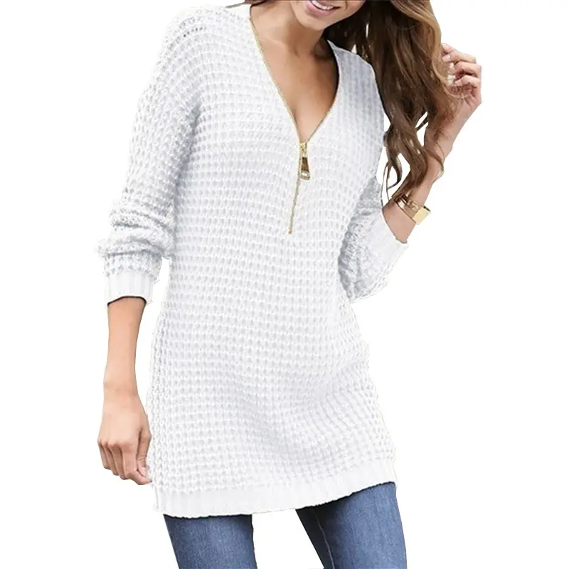 2026 V-Neck Long Sleeve Knitted Dress for Women White - Image 7
