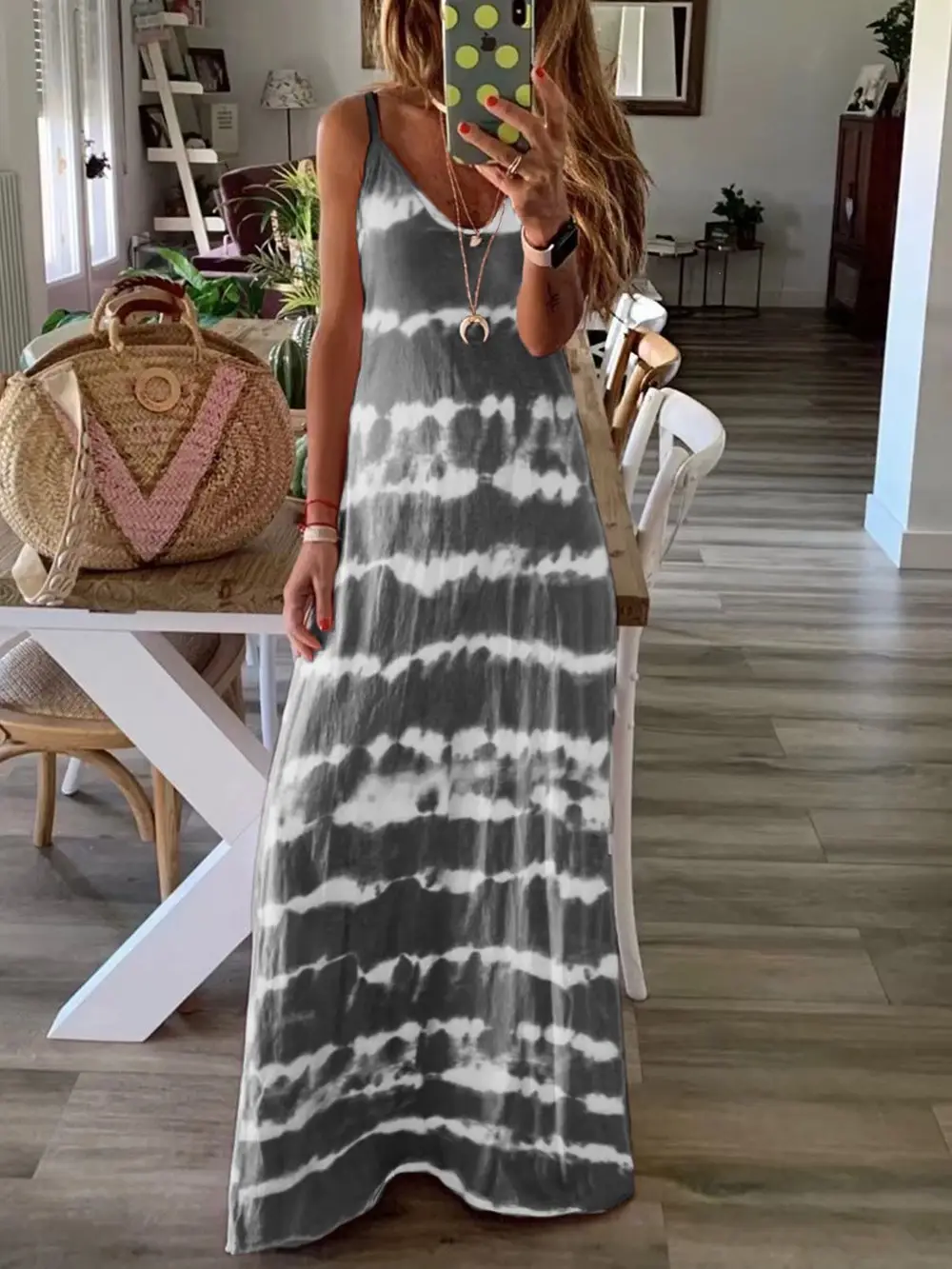 2023 Stripe Crewneck Stripe Strap Dress Green White Tie Dye - Image 2