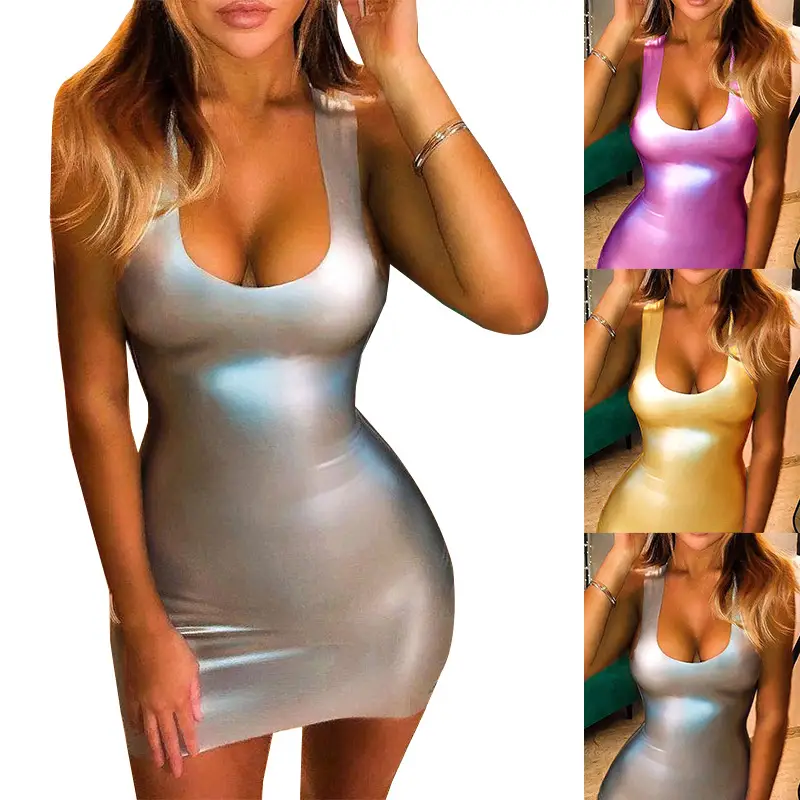 Silver Sleeveless Patent Leather Dress for Women - Image 6