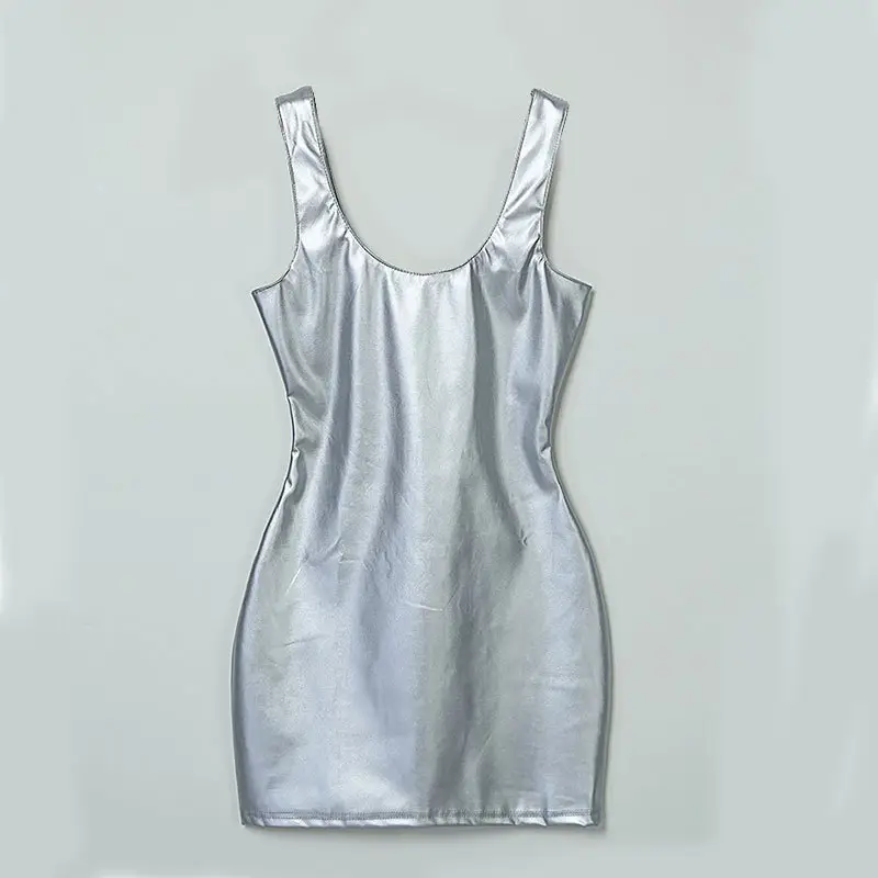 Silver Sleeveless Patent Leather Dress for Women - Image 10