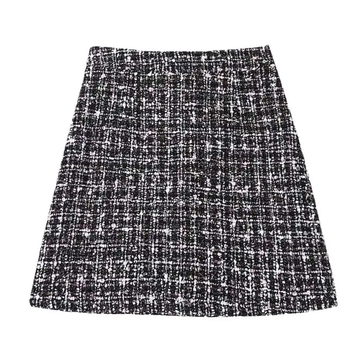 Women's Black Tweed Hip Skirt High Waist A-Line - Image 7