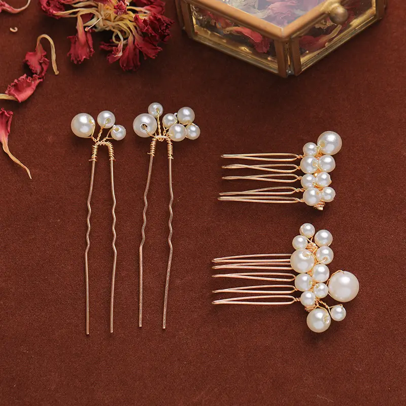 Retro Pearl Hair Fork Bridal Hairpin Hair Comb Set — feature 10