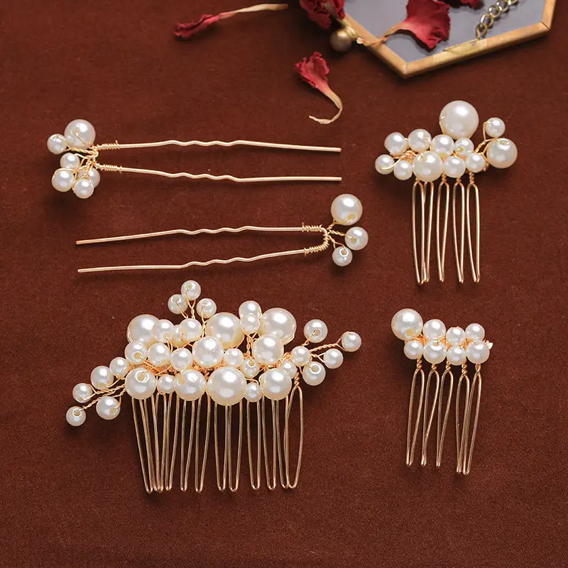Retro Pearl Hair Fork Bridal Hairpin Hair Comb Set — feature 2