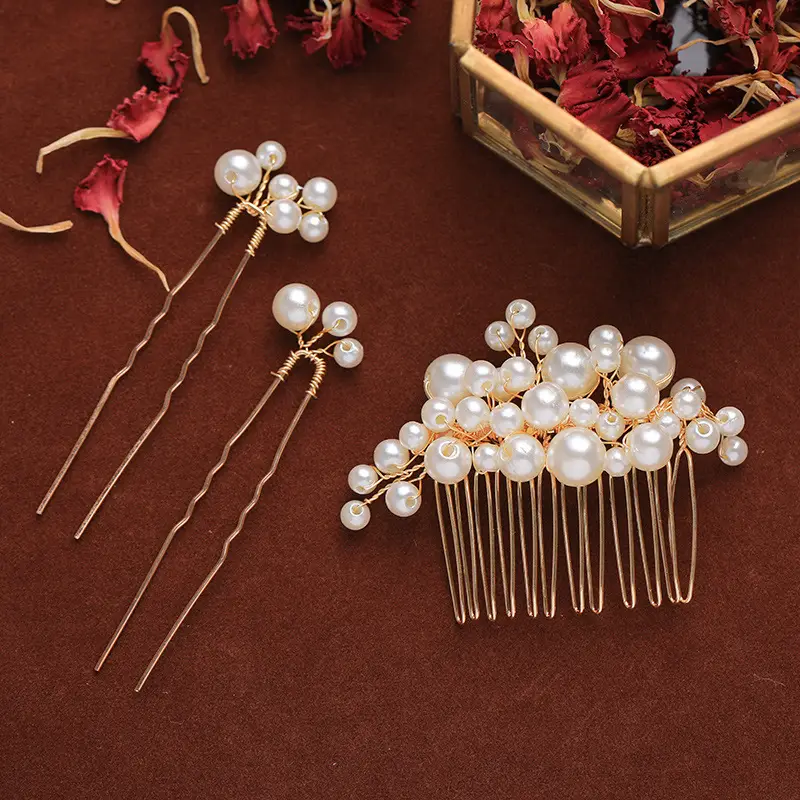 Retro Pearl Hair Fork Bridal Hairpin Hair Comb Set — feature 8