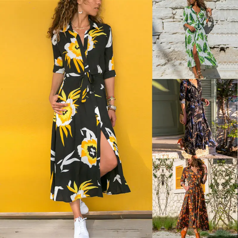 Green Leaf Print Long Sleeve Wrap Dress for Women - Image 5