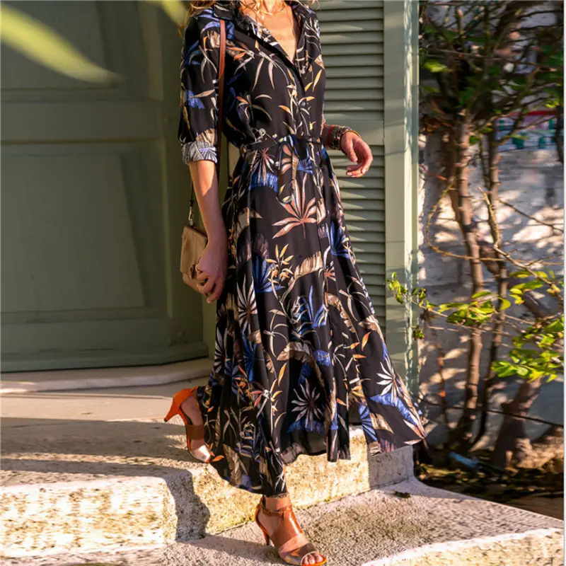 Green Leaf Print Long Sleeve Wrap Dress for Women - Image 7