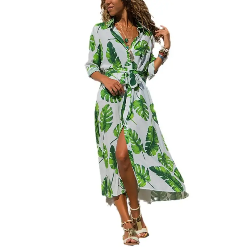 Green Leaf Print Long Sleeve Wrap Dress for Women - Image 8