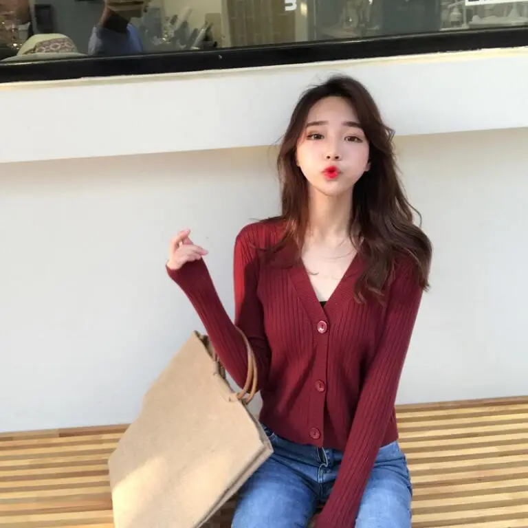 V-Neck Knitted Cardigan Blue Long Sleeve Women - Image 11