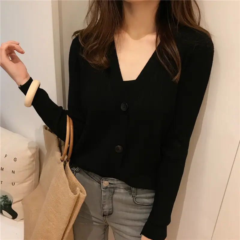 V-Neck Knitted Cardigan Blue Long Sleeve Women - Image 12