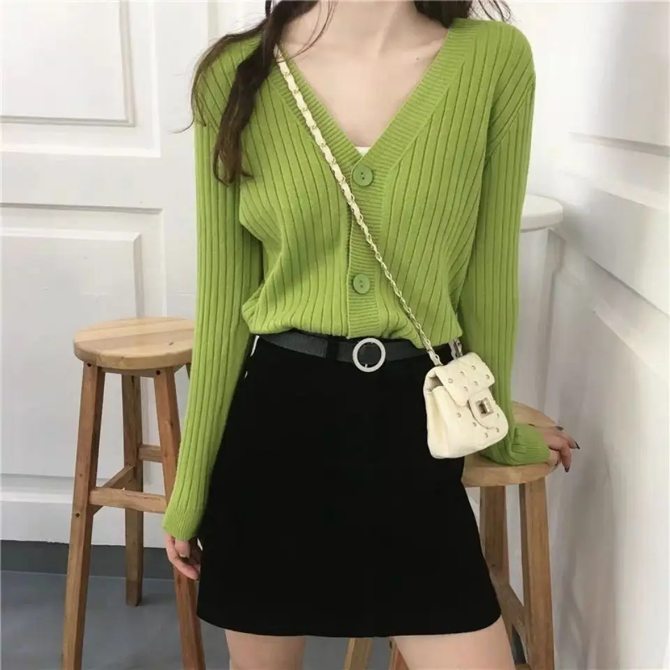 V-Neck Knitted Cardigan Blue Long Sleeve Women - Image 13