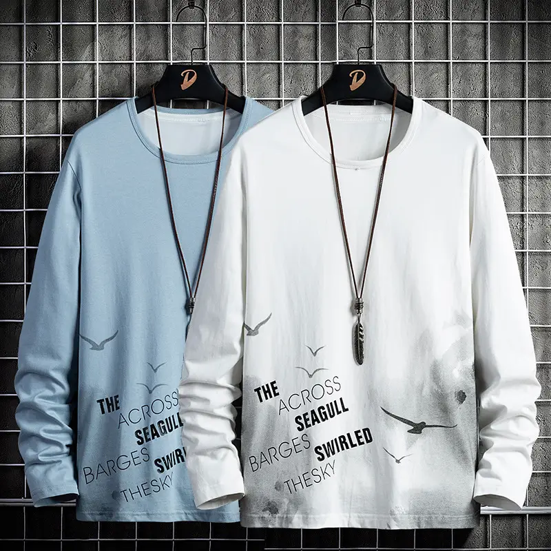 Men Long Sleeve Graphic T-Shirt White Korean Style - Image 13