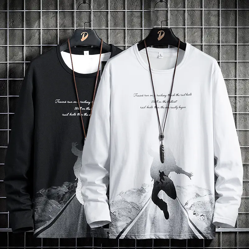 Men Long Sleeve Graphic T-Shirt White Korean Style - Image 14