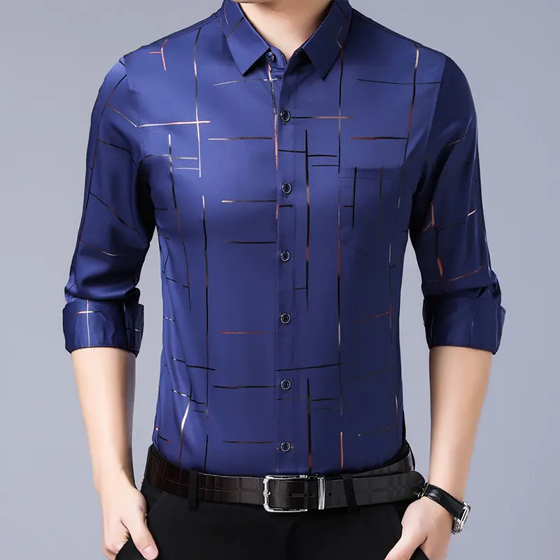 Men's Blue Long-Sleeved Plaid Shirt 2020 Spring - Image 3