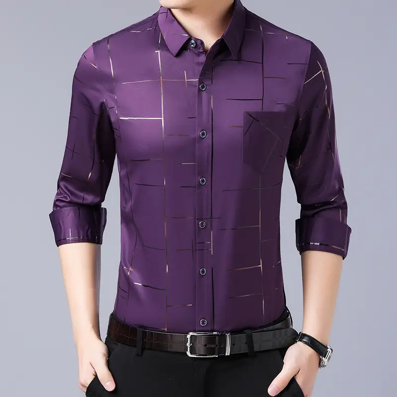 Men's Blue Long-Sleeved Plaid Shirt 2020 Spring - Image 5